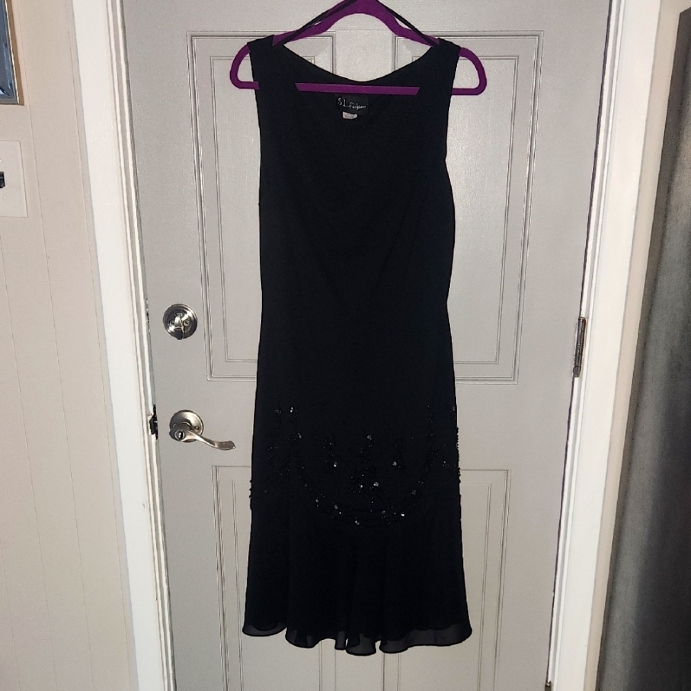 SL Fashions Black Sequin Ruffled Sheath Midi Dress Sz. 16